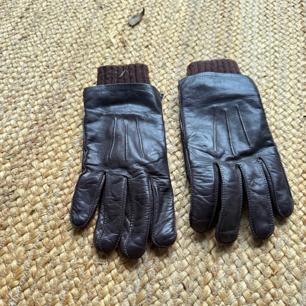 Vintage Brown Leather Gloves Knit Lined Ribbed Cuff Winter Driving Gloves Small